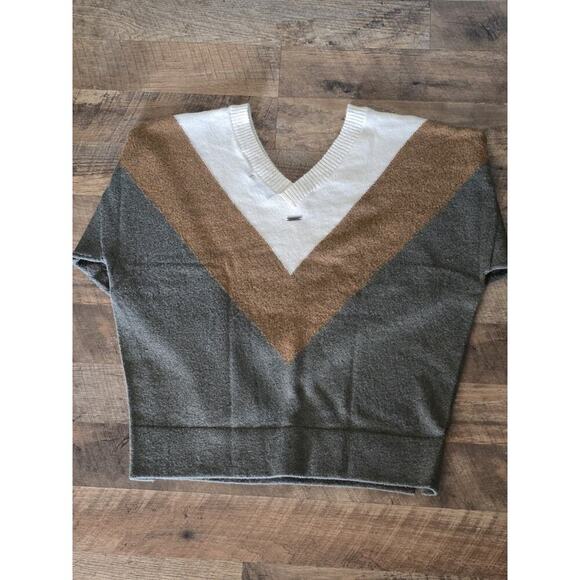 PrAna Norfolk Sweater Sz Medium Green Brown Ivory Vneck Thumb Holes Oversized - Picture 5 of 7